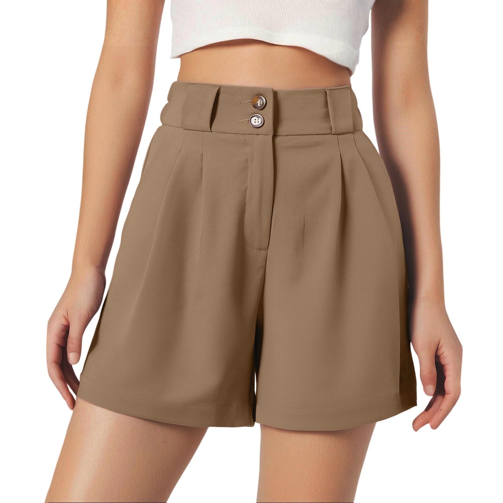Pantalones cortos de cintura alta para mujer - Abertura lateral, bolsillos - Informal de negocios - Espalda elástica, cierre con cremallera - Tallas S-XXL